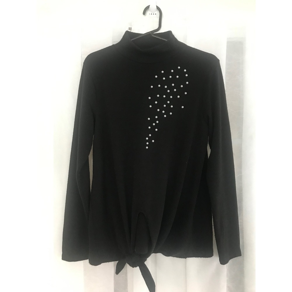 Zara Collection Black Mock Neck Faux Pearl Embellished Front Tie Knit Top M